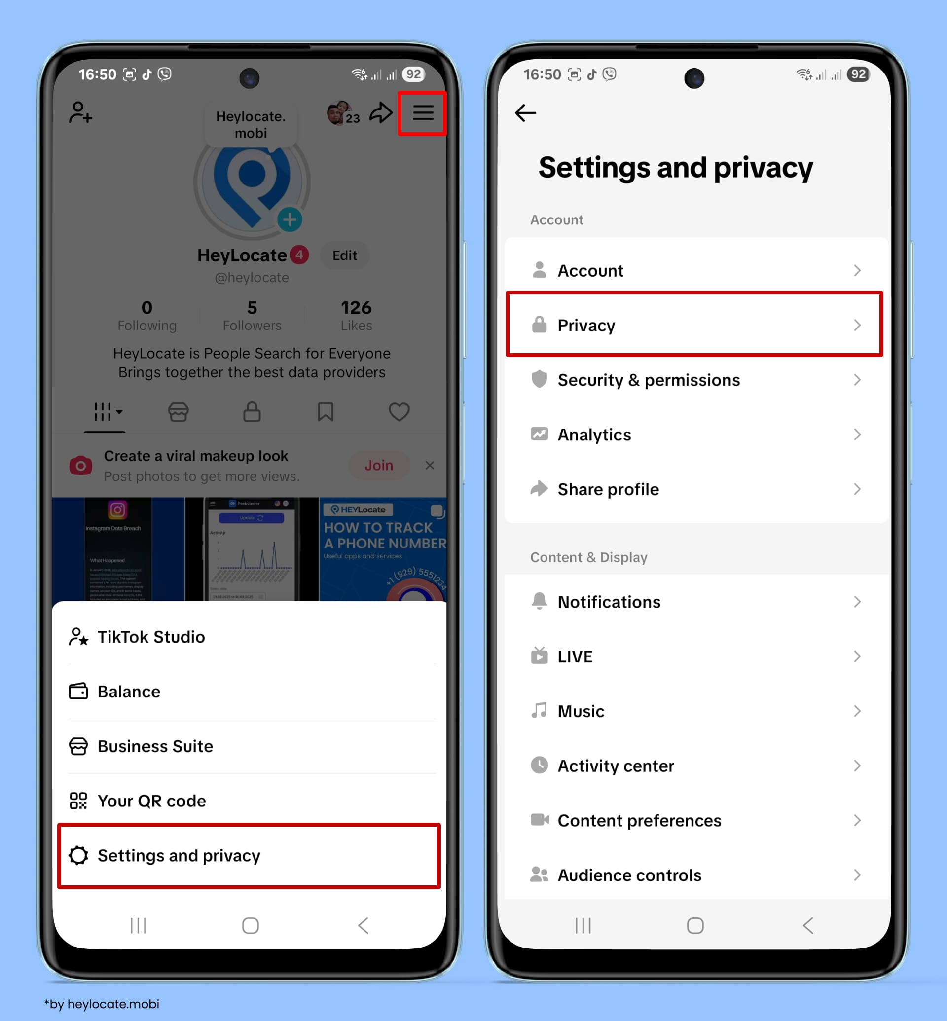On your profile homepage, tap the three lines - Settings and privacy - Tap Privacy.