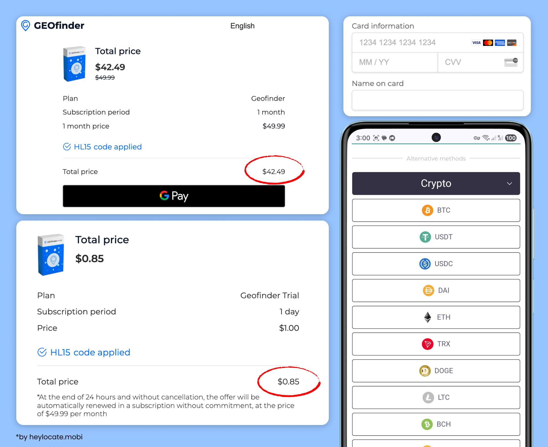 Price for the full monthly package and trial, promo code can be used. Payment can be made in many ways.