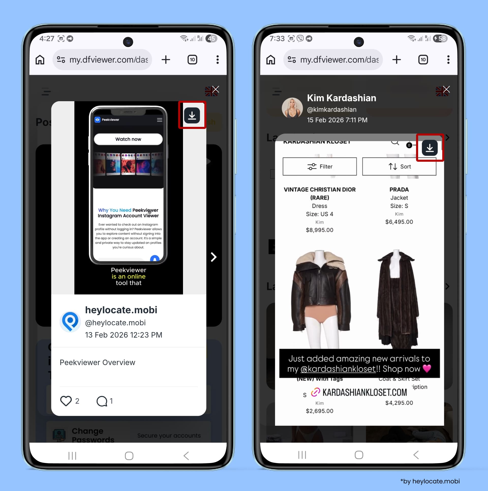 You can see a download button on every story and post, click on it.