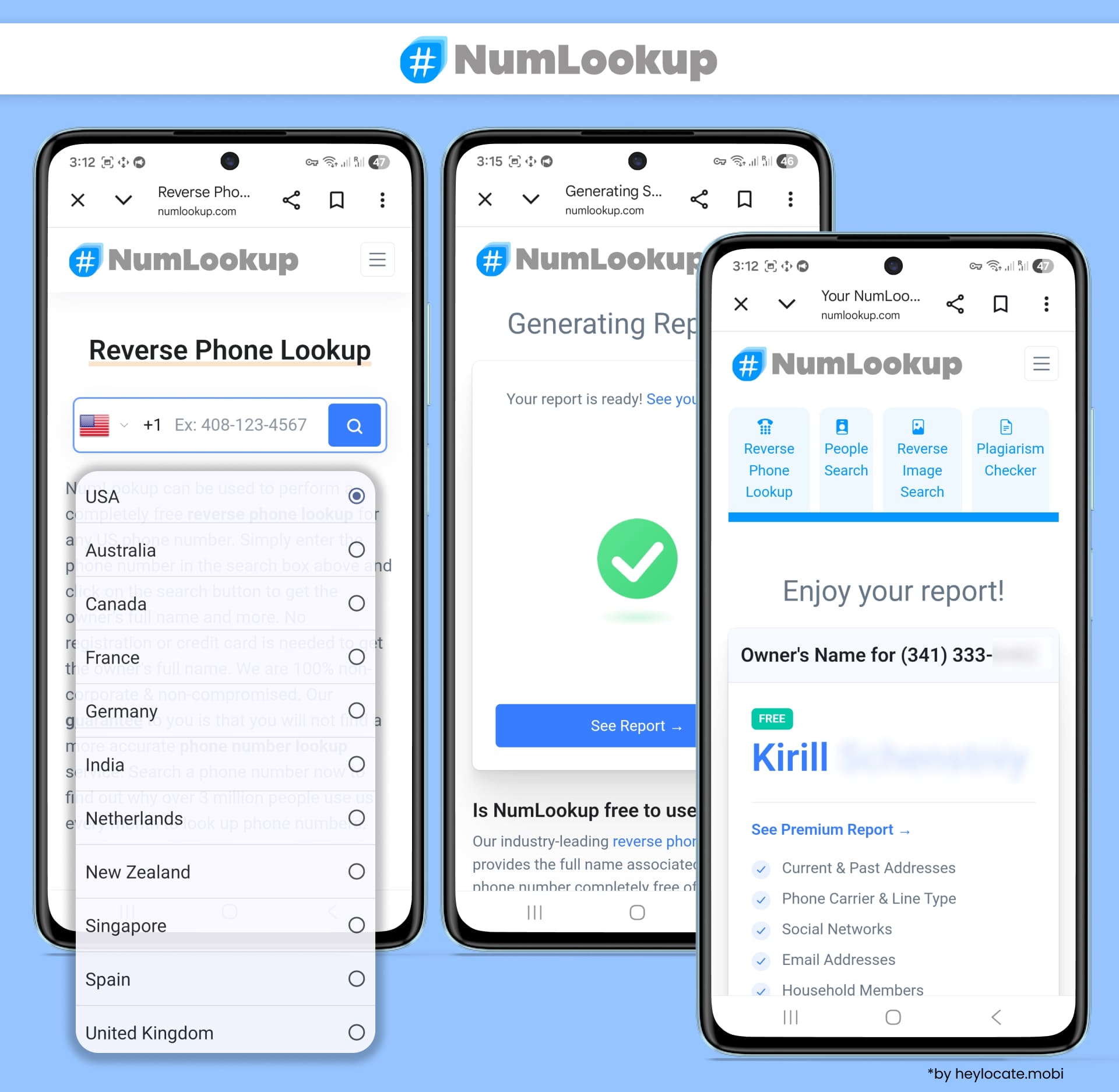 NumLookup reverse phone lookup screens show entering a phone number, generating a report, and viewing basic owner details.