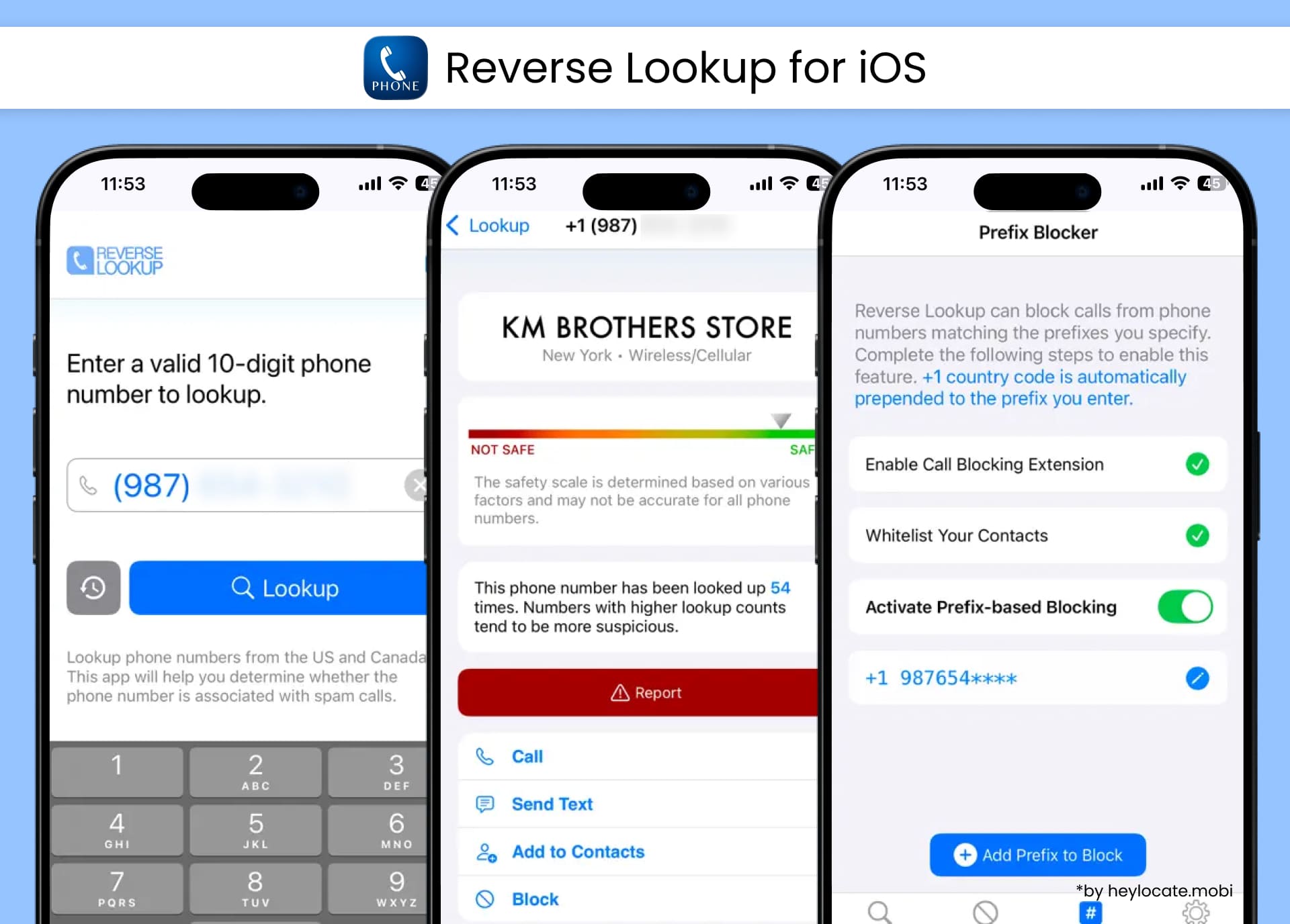 Reverse Lookup for iOS shows phone number search, caller safety information, and prefix-based call blocking tools.