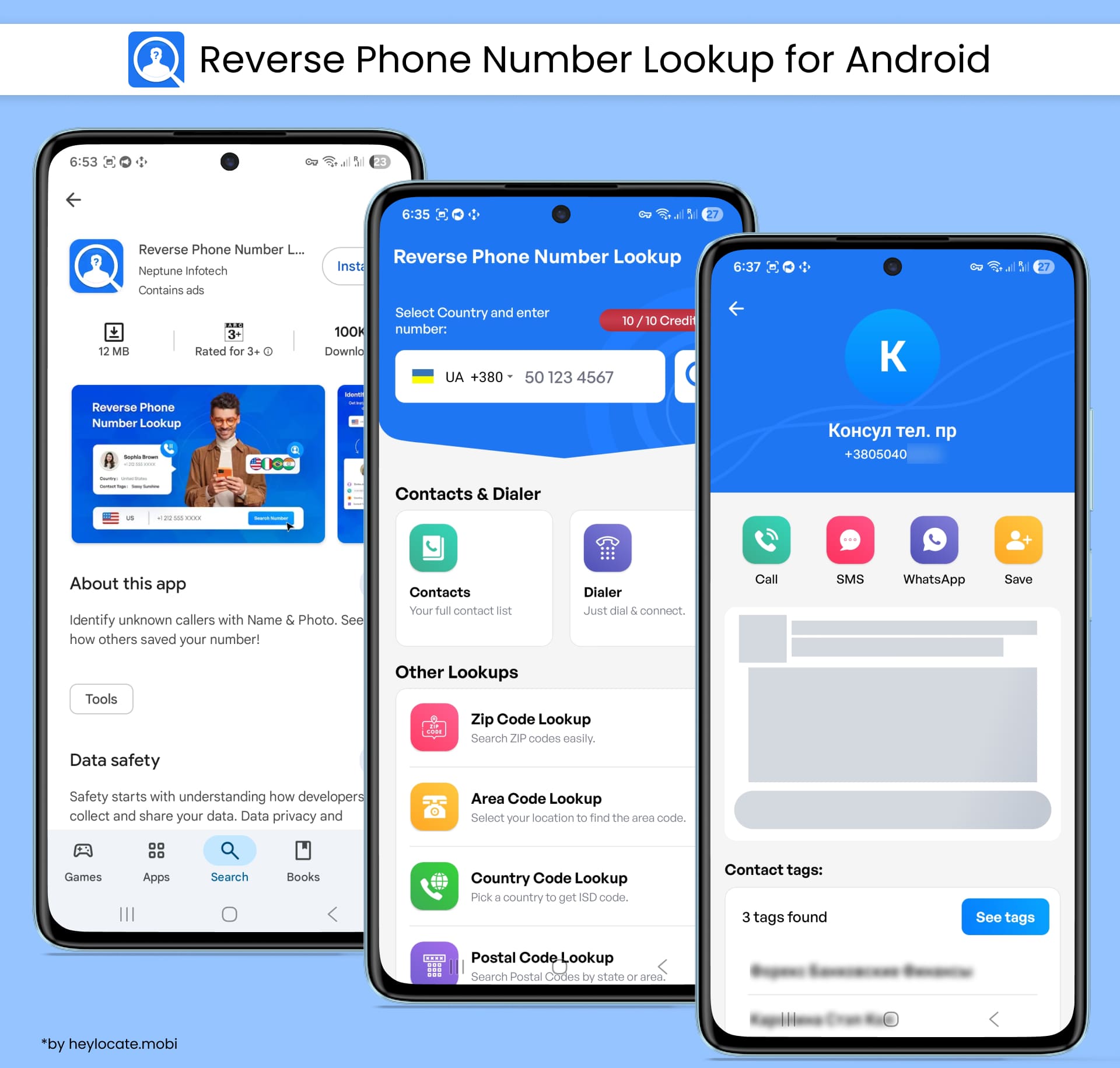 Reverse Phone Number Lookup for Android shows search tools, contact details, and caller identification features.