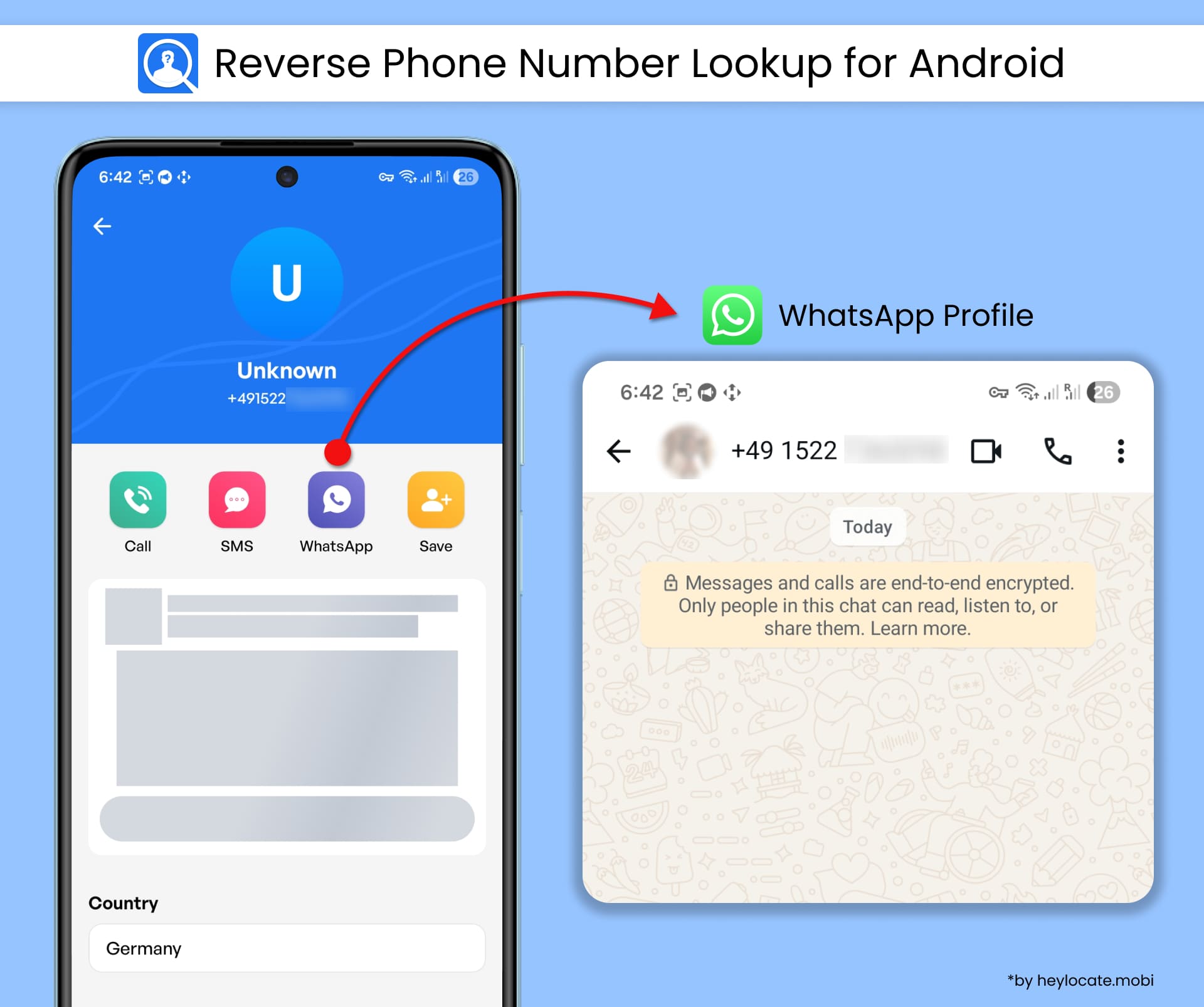 Reverse Phone Number Lookup for Android links an unknown number to a WhatsApp profile.