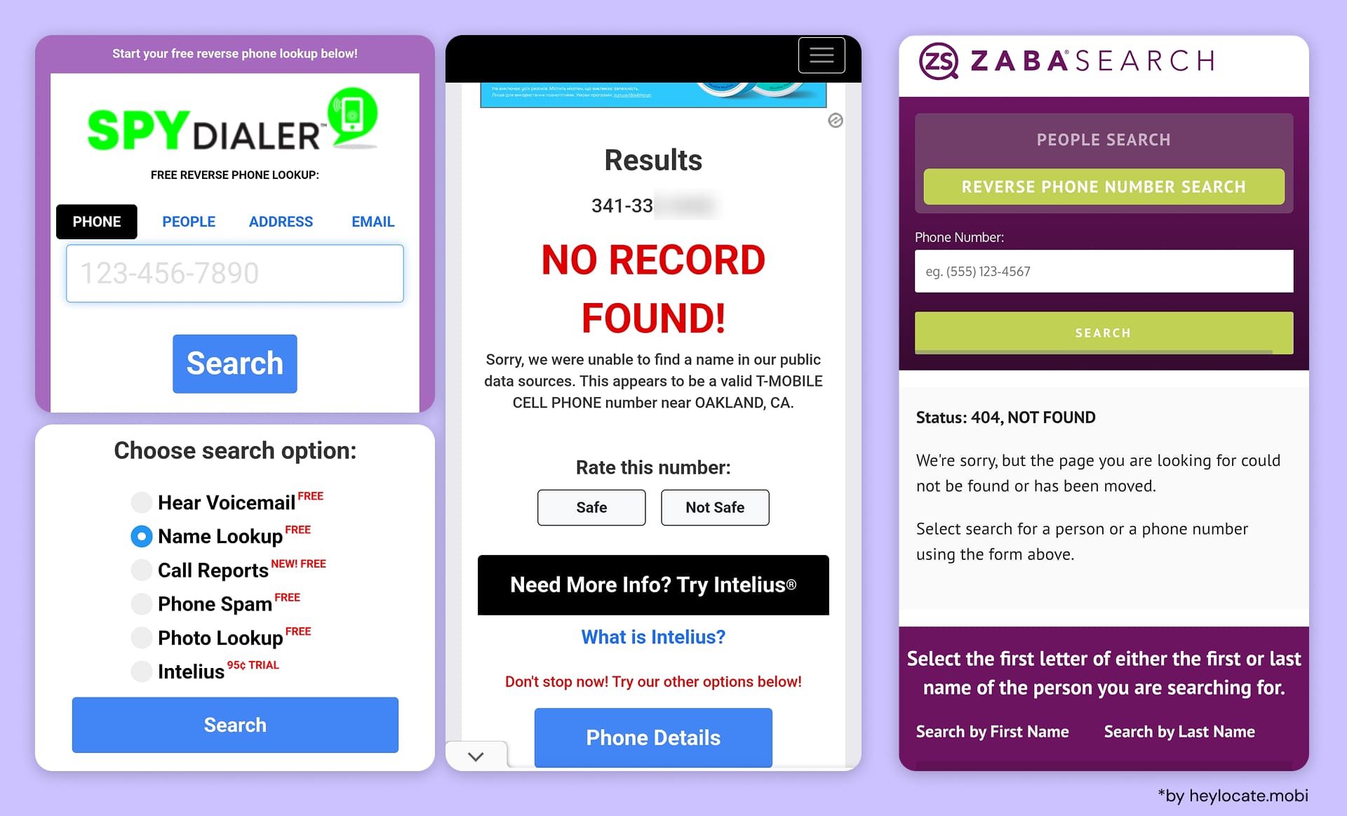 Spy Dialer, ZabaSearch show reverse phone lookup pages with missing, unavailable, or no-record results.