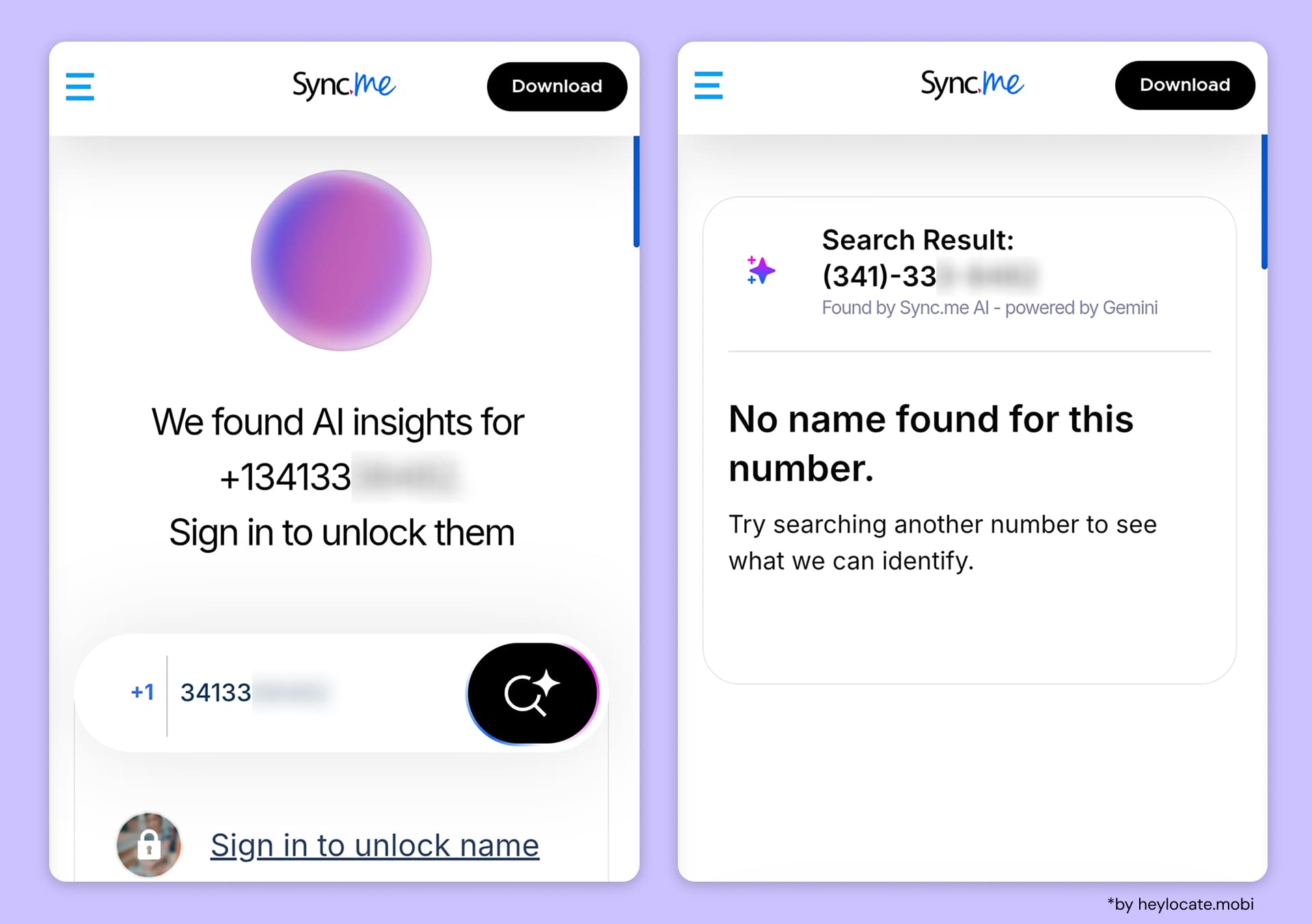 Sync.me shows AI search insight screens where no name is found for the searched phone number.