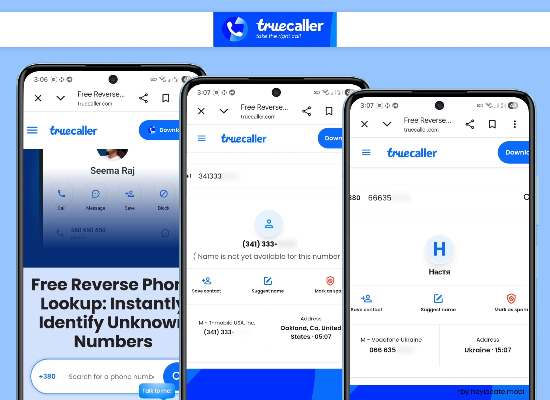 Truecaller reverse phone lookup screens show examples of identifying unknown numbers and viewing available caller details.