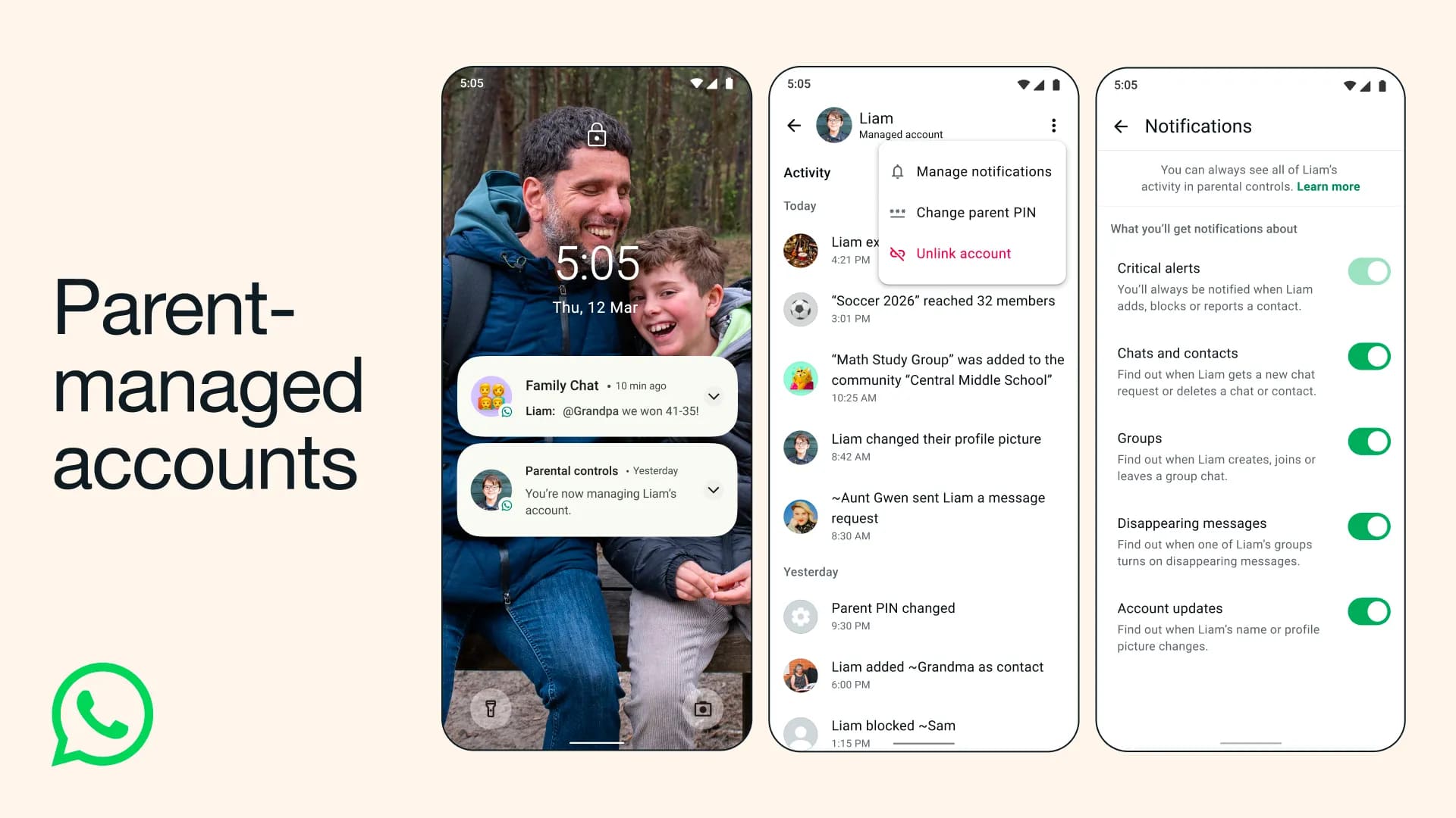 Settings and options of WhatsApp parent-managed accounts