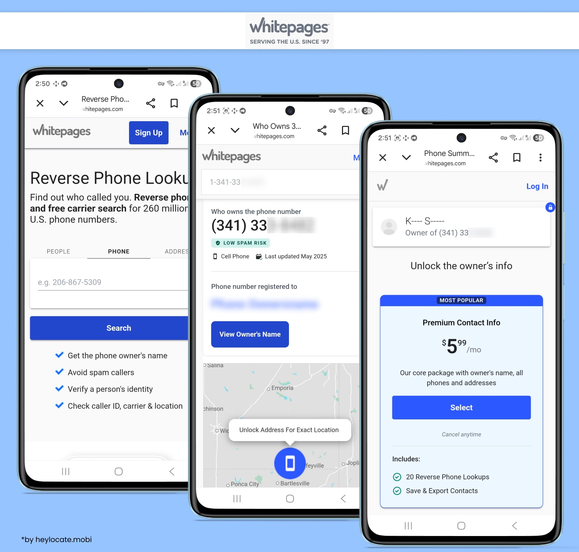 Whitepages reverse phone lookup screens show a phone search, partial owner details, and a prompt to unlock premium contact information.