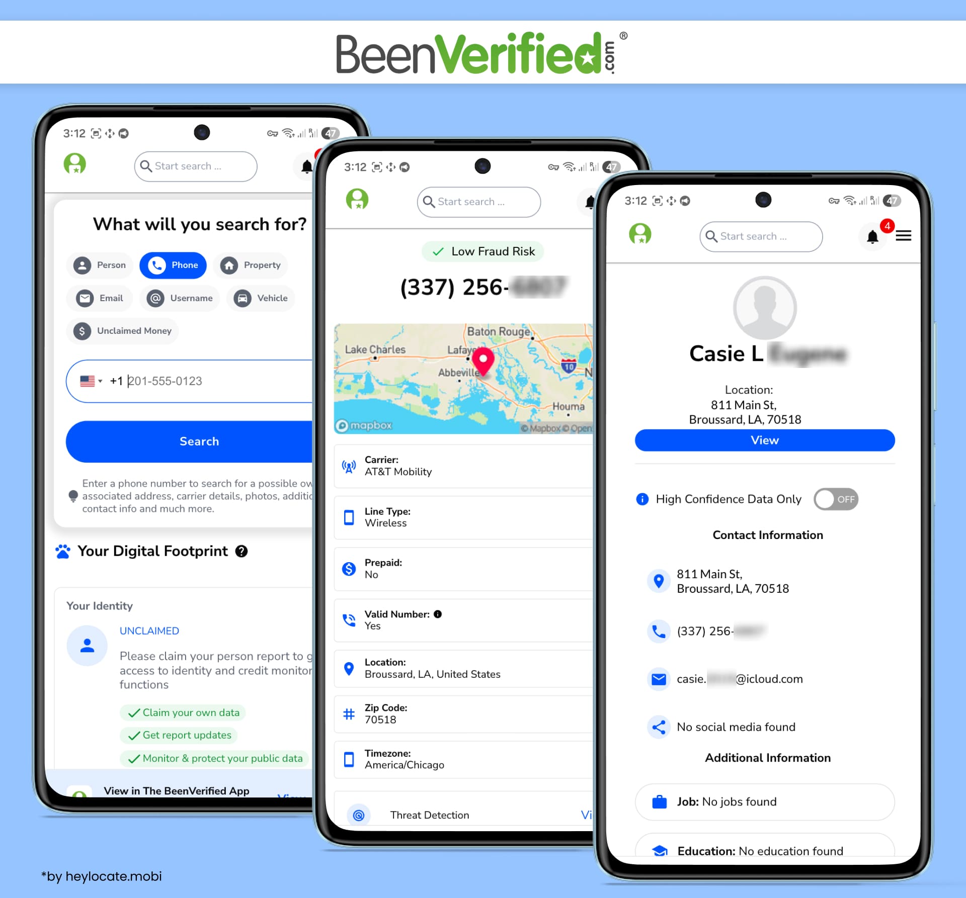 BeenVerified reverse phone lookup service with phone search, map location, carrier details, and contact information results.