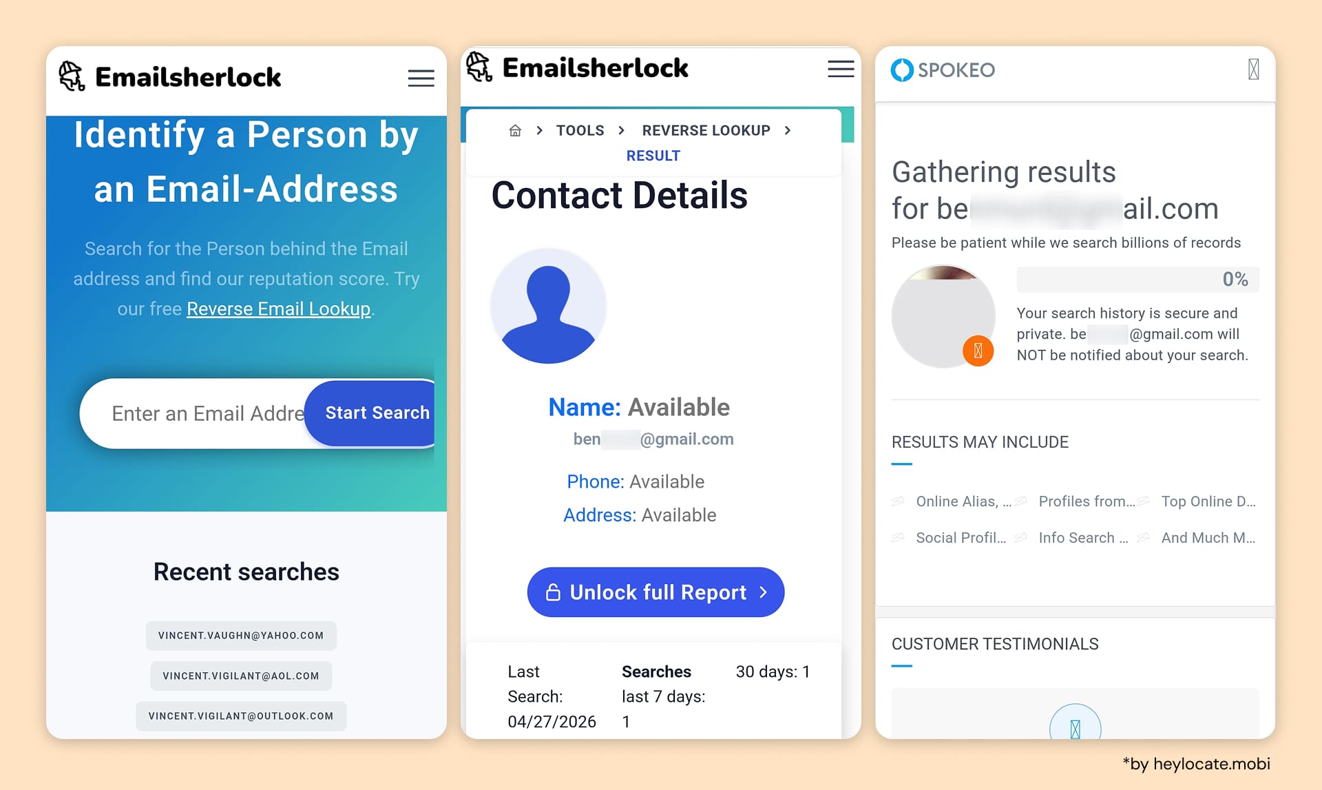 Emailsherlock reverse email lookup showing a basic contact preview and redirects to another service without providing a full standalone result.