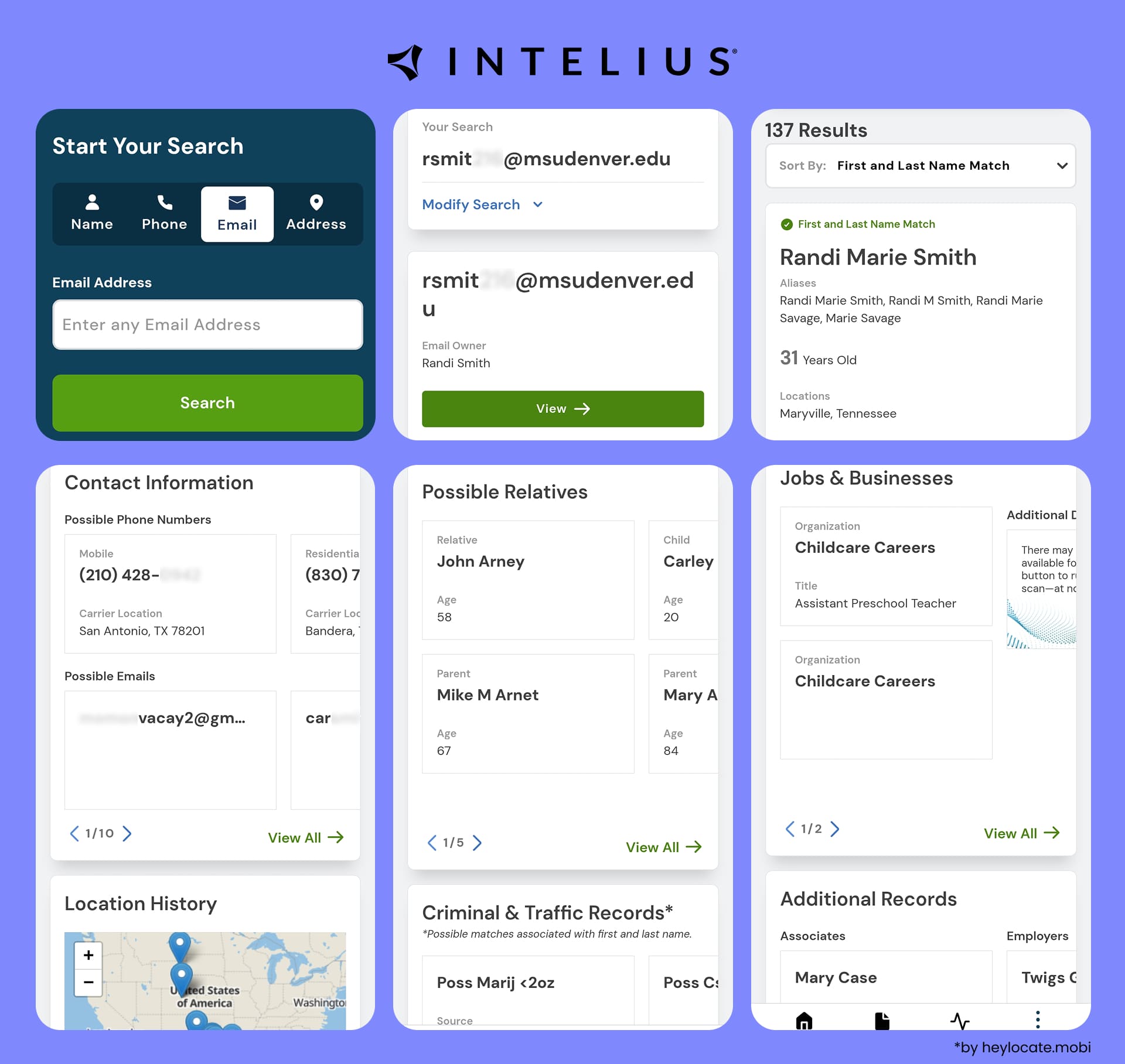 Intelius email lookup showing possible owner details, contact information, relatives, jobs, businesses, location history, and additional public records.