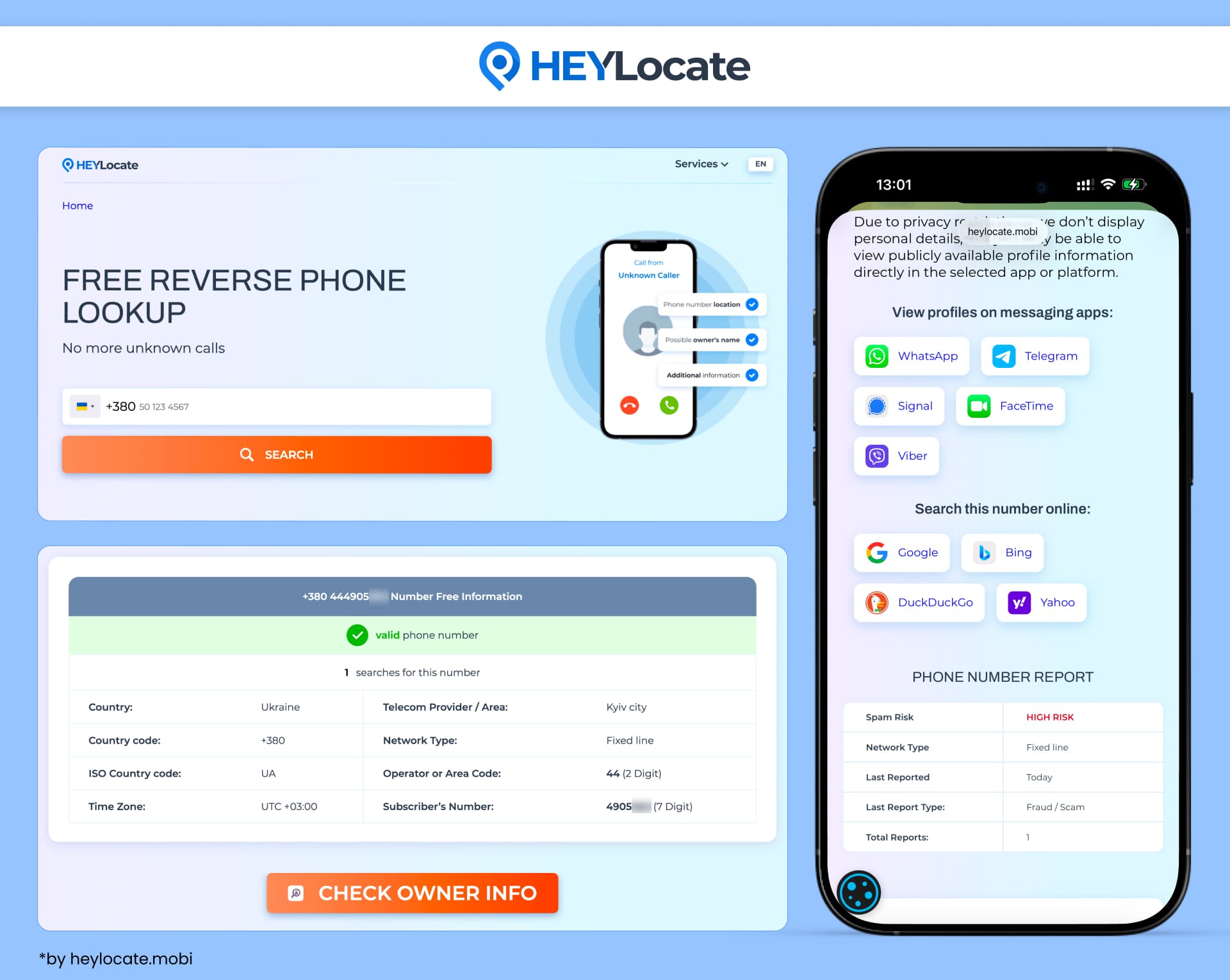 HeyLocate reverse phone lookup service with phone number details, owner search options, and a spam risk report.