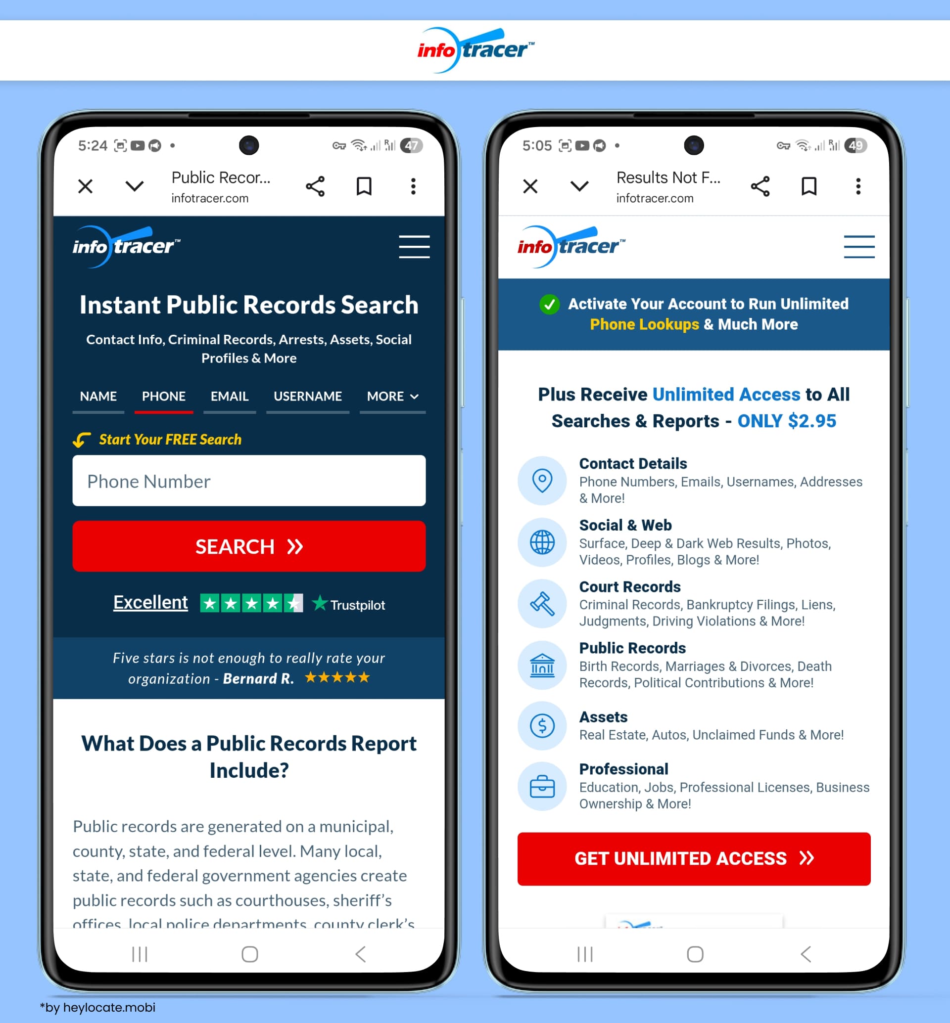 InfoTracer reverse phone lookup service with public records search and unlimited access offer details.