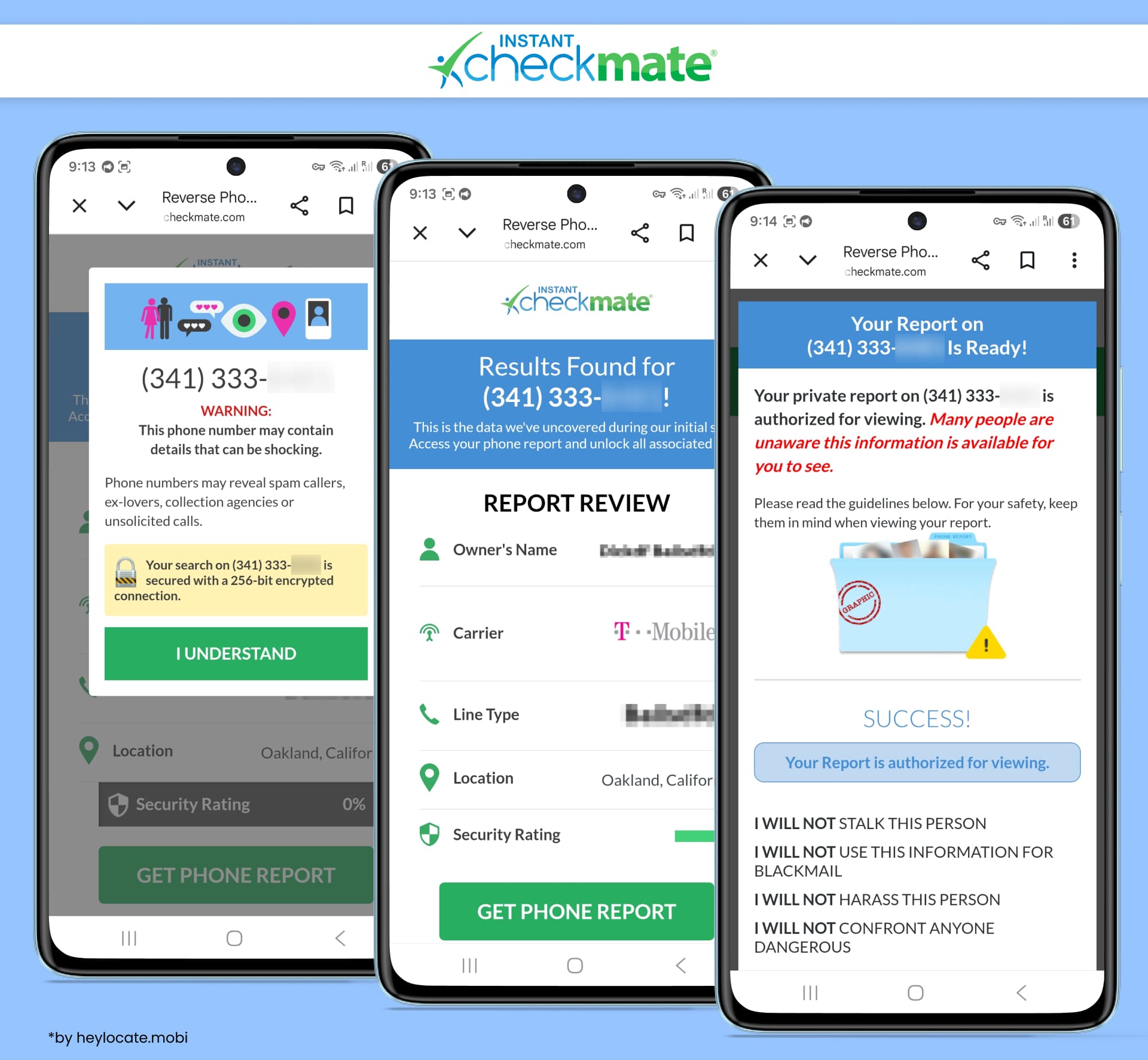 Instant Checkmate phone report results with warning messages, report review details, and access confirmation screens.