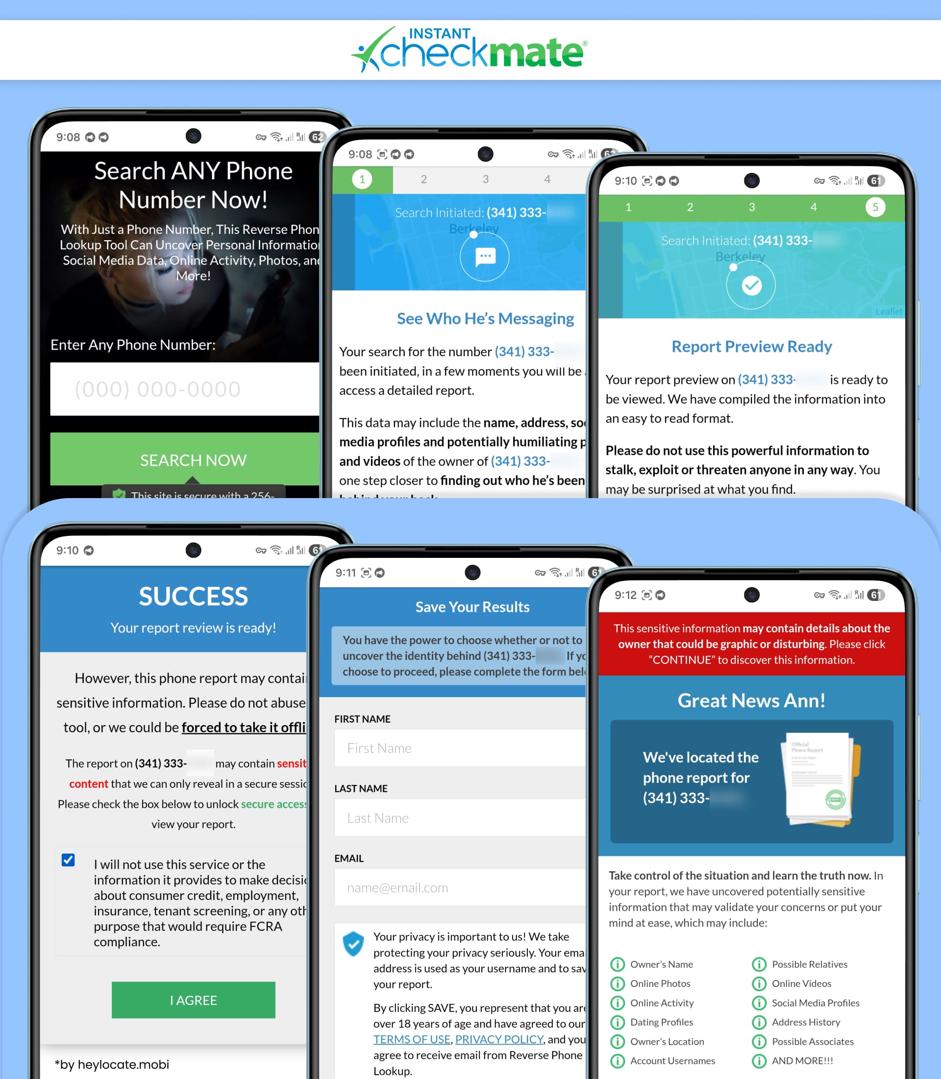 Instant Checkmate reverse phone lookup service with search progress, report preview, and save results steps.