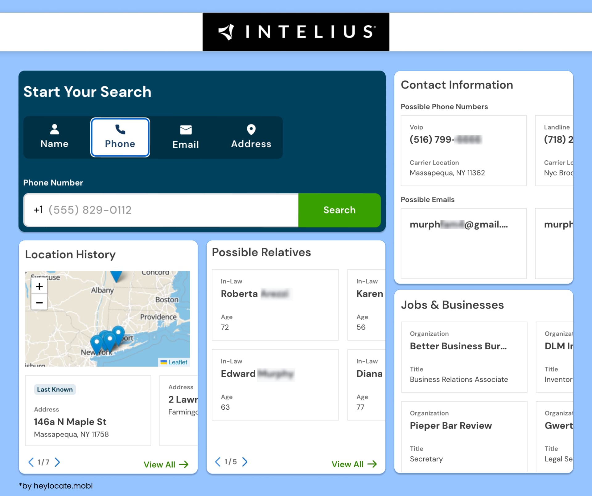 Intelius reverse phone lookup service with phone search, contact information, location history, possible relatives, and jobs results.
