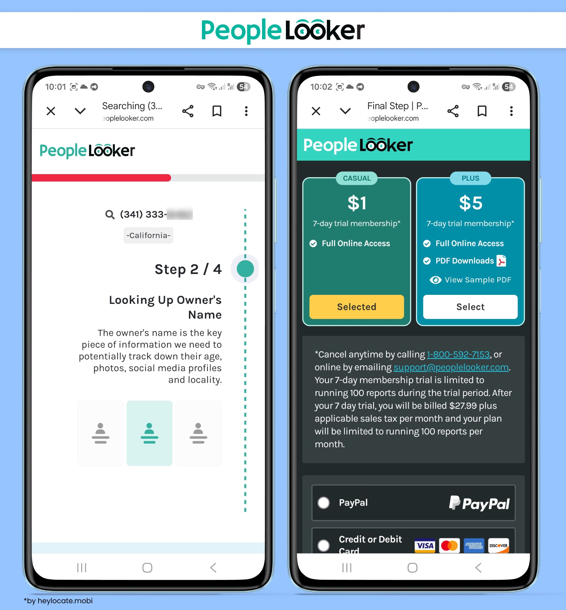 PeopleLooker reverse phone lookup process with owner search progress and trial membership options.