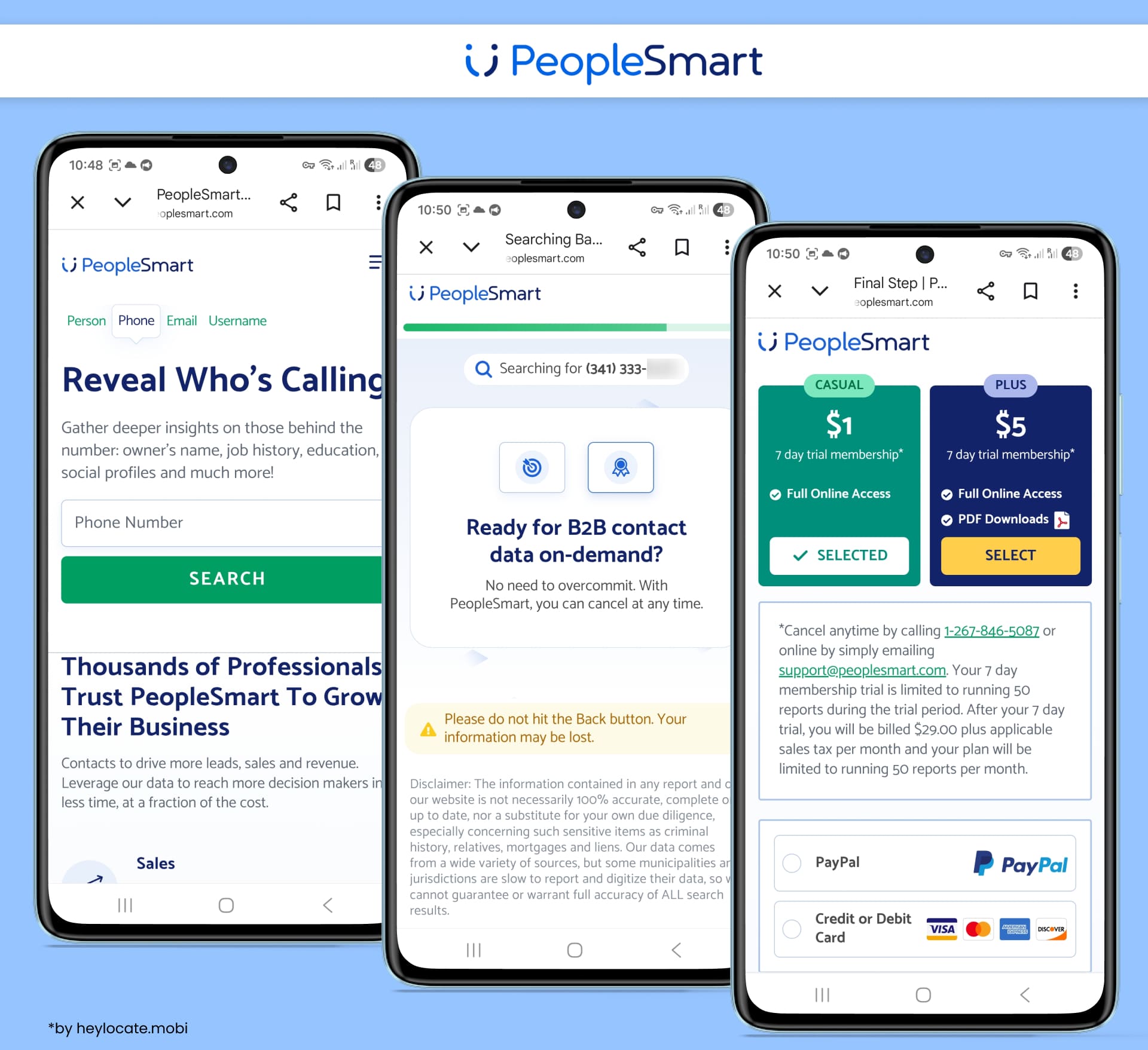 PeopleSmart reverse phone lookup service with caller search, search progress, and trial membership options.