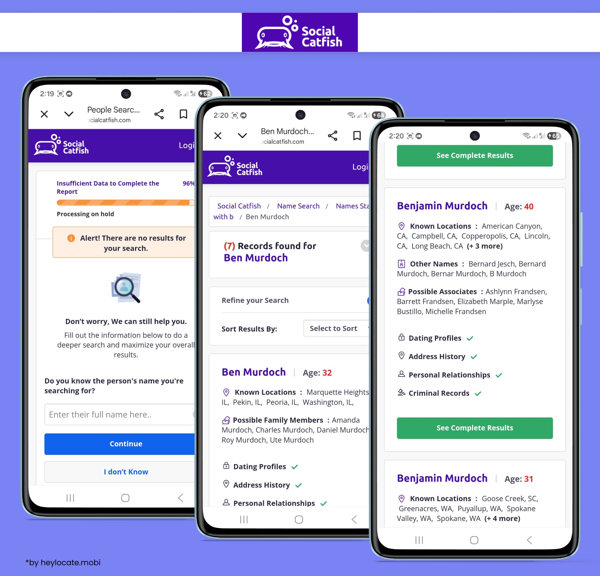 Social Catfish search results showing multiple people matches, known locations, possible associates, and additional background details after a reverse lookup.
