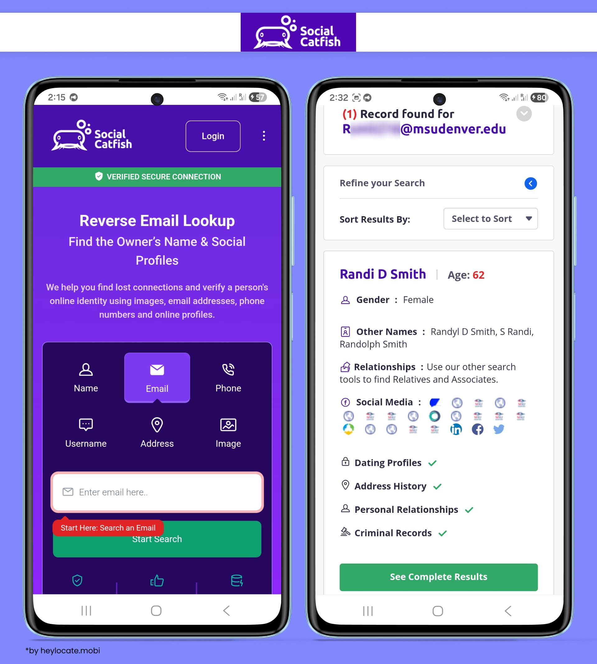 Social Catfish reverse email lookup with email search input and a result page showing a matched person, aliases, social profiles, address history, relationships, and criminal records.