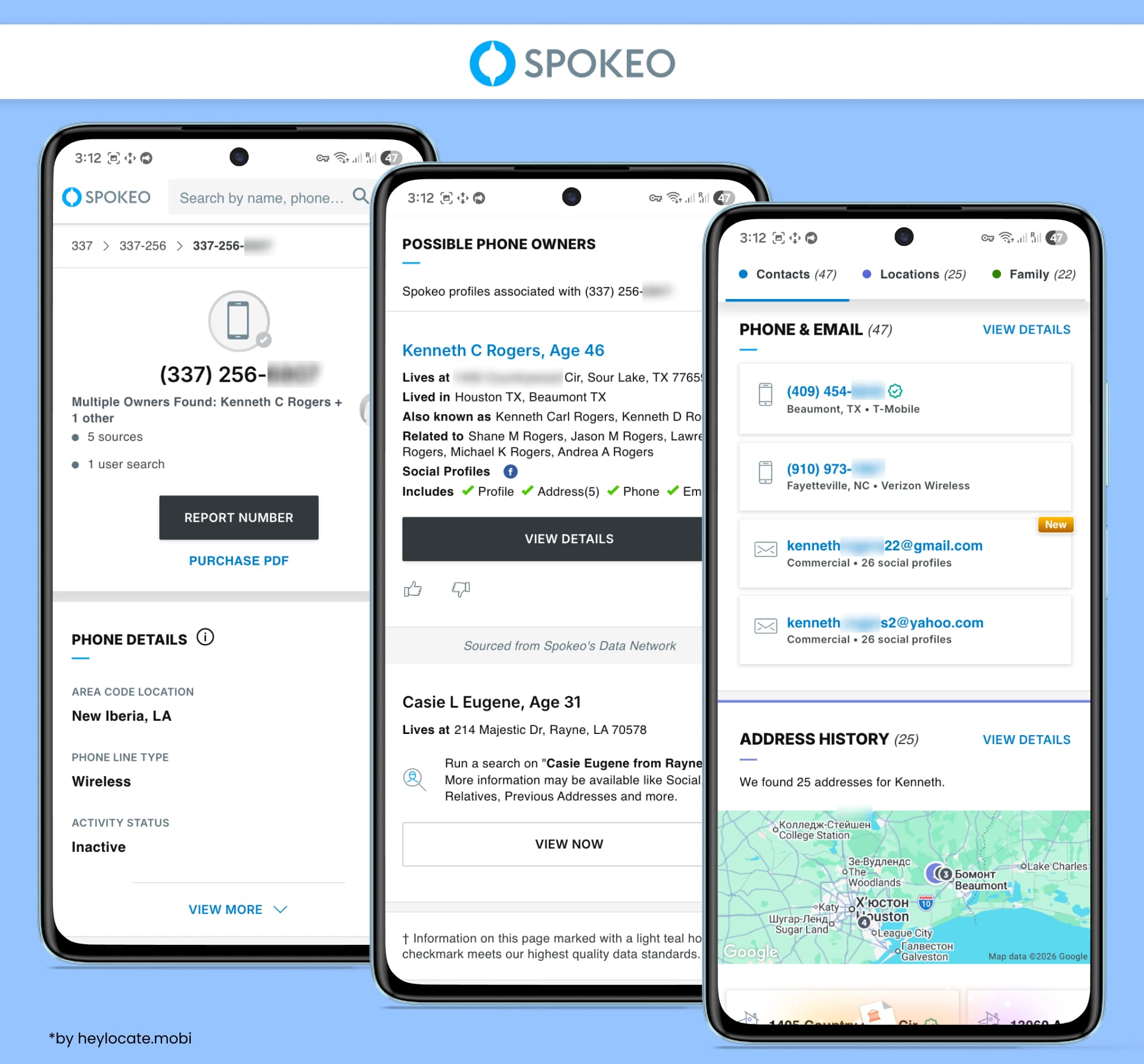 Spokeo reverse phone lookup results with possible phone owners, contact details, email addresses, and address history.