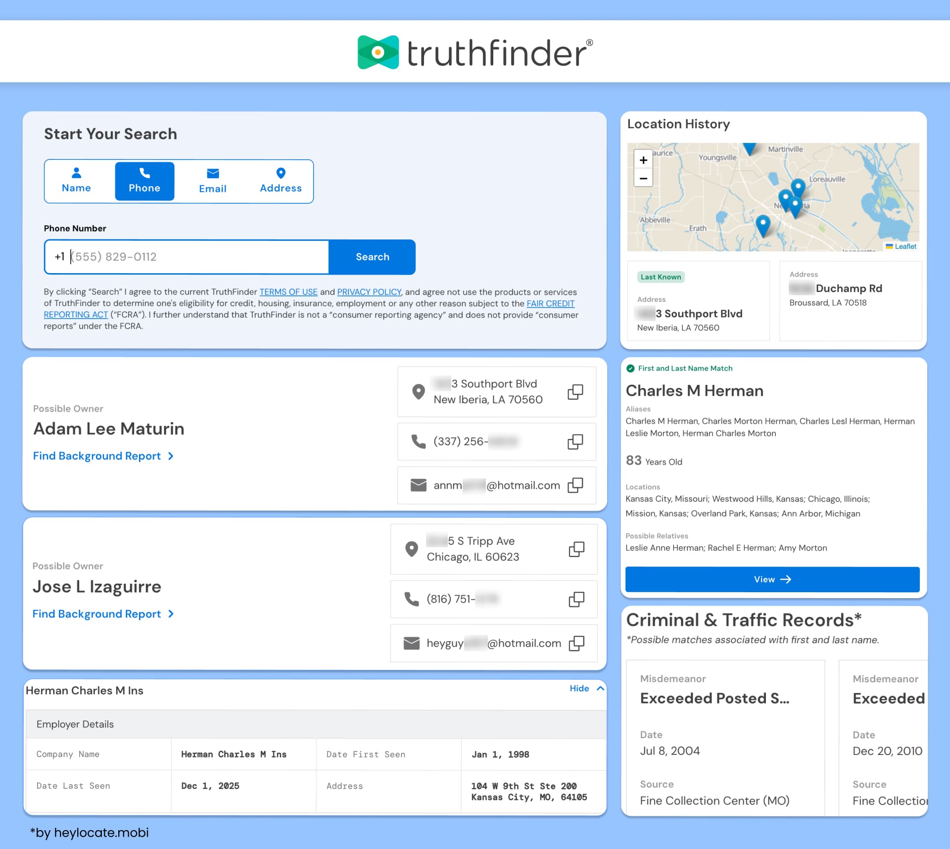TruthFinder reverse phone lookup service with phone search, possible owner details, location history, and criminal record information.