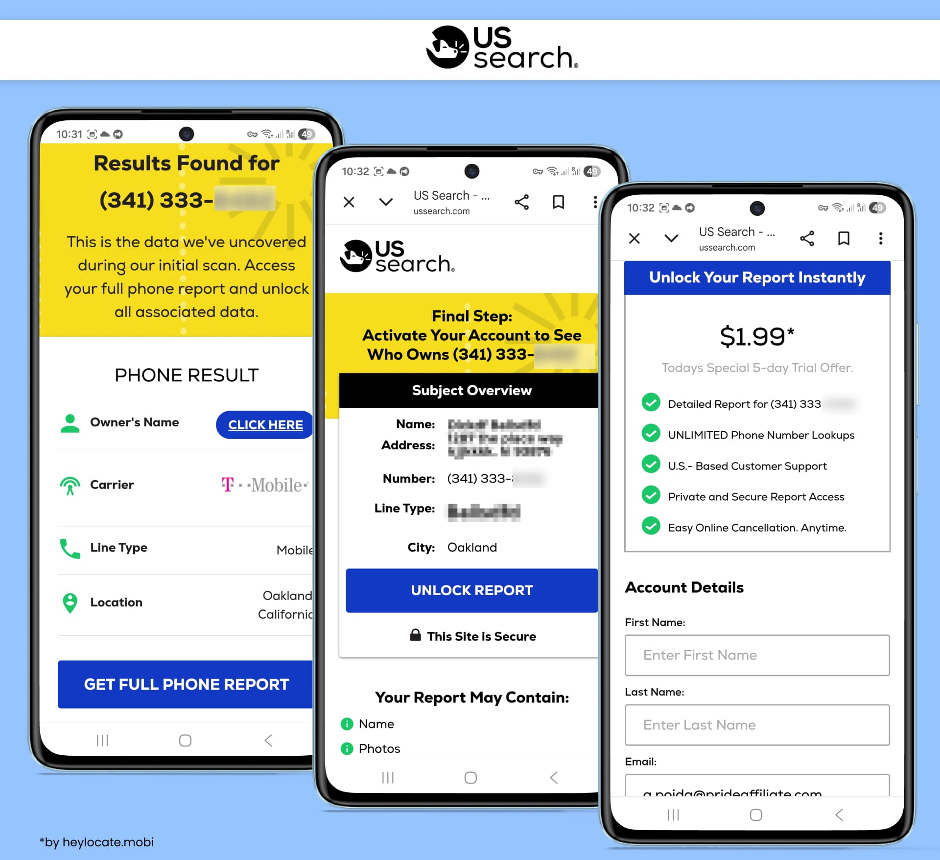 US Search phone report results with owner details, subject overview, and trial offer information.