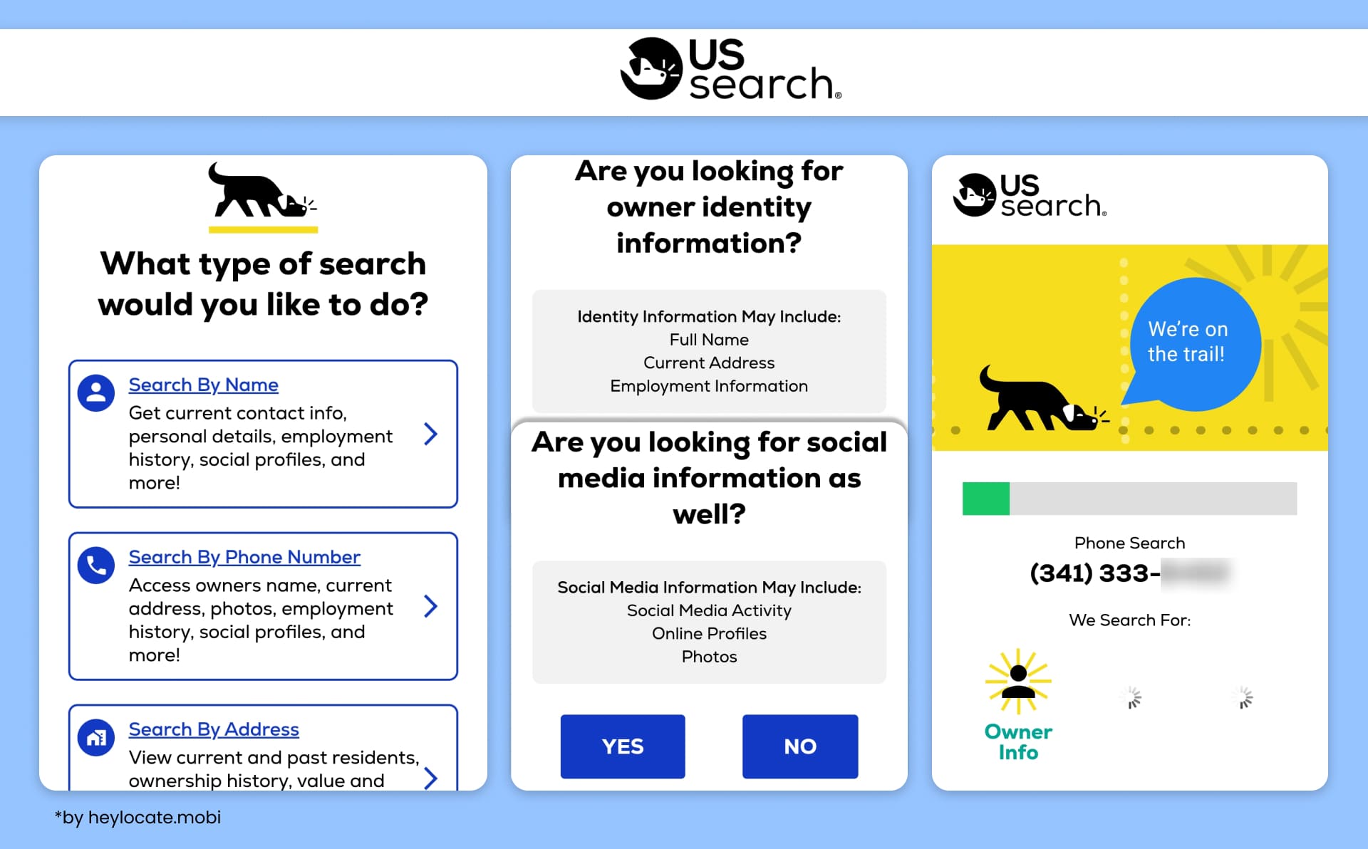 US Search reverse phone lookup service with search options, identity prompts, and owner info search progress.