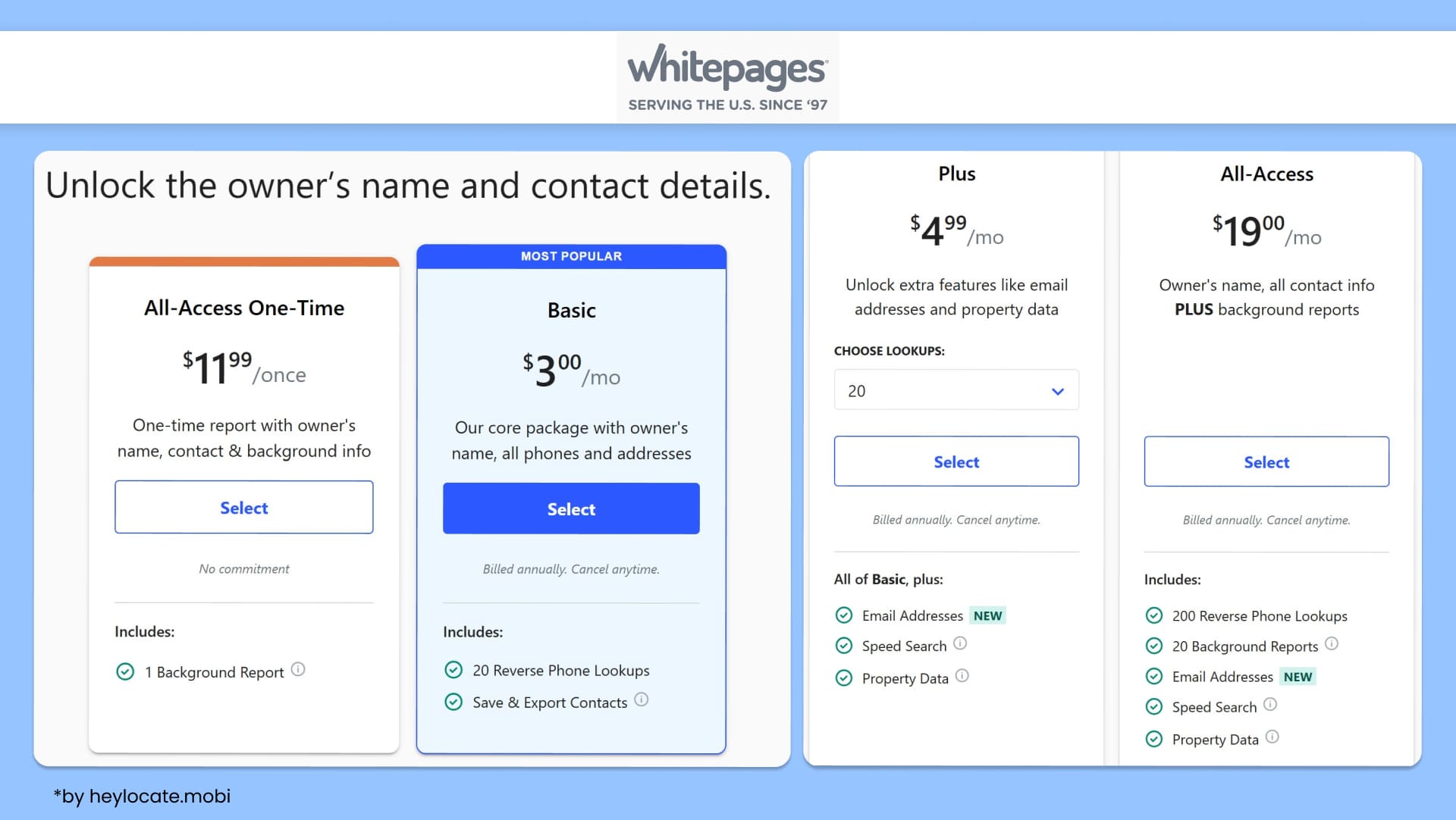 Whitepages reverse phone lookup service with one-time report and subscription pricing plans.