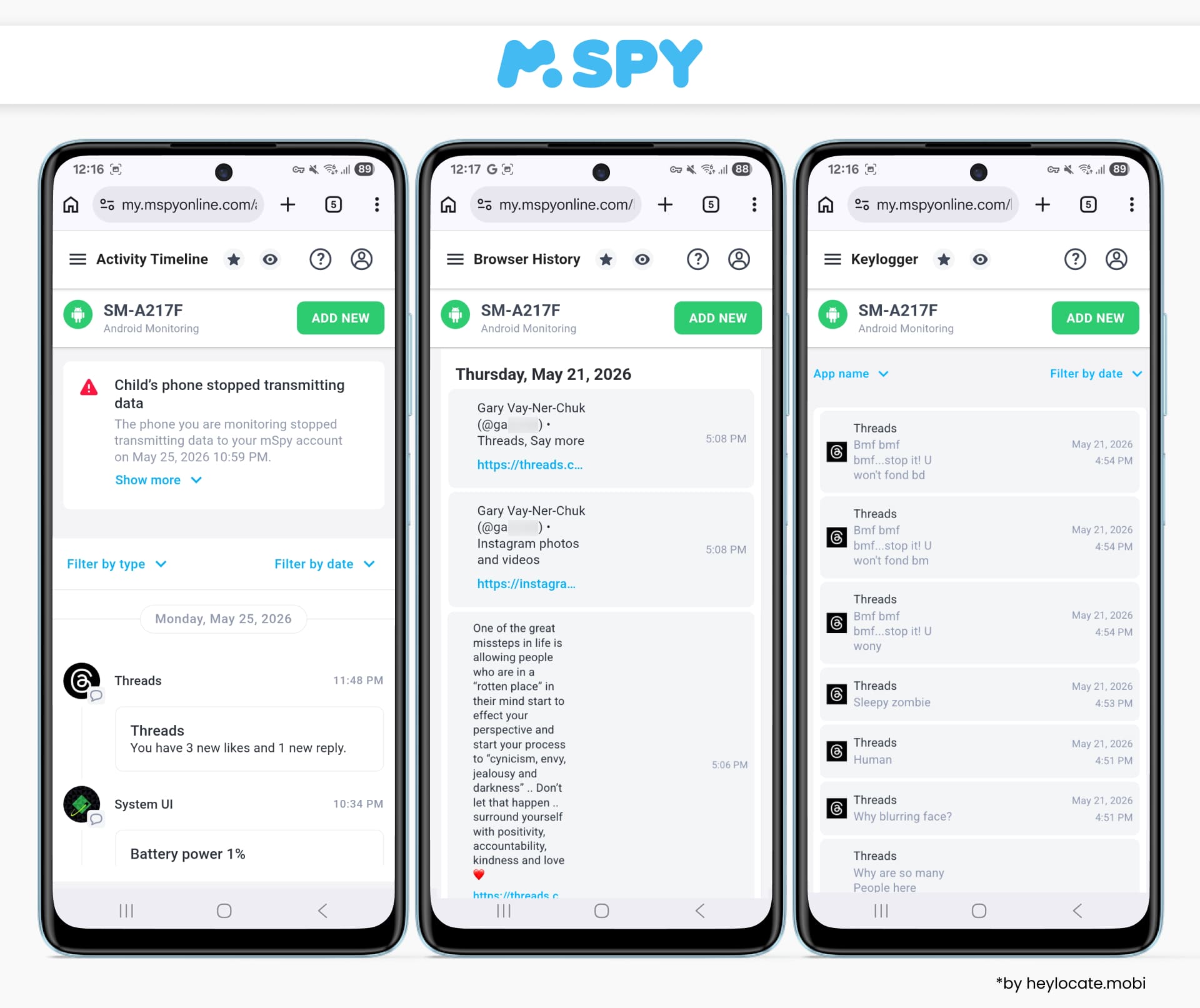 mSpy shows Threads activity, browser history, and keylogger data, demonstrating a monitoring-based way to view Threads activity anonymously.