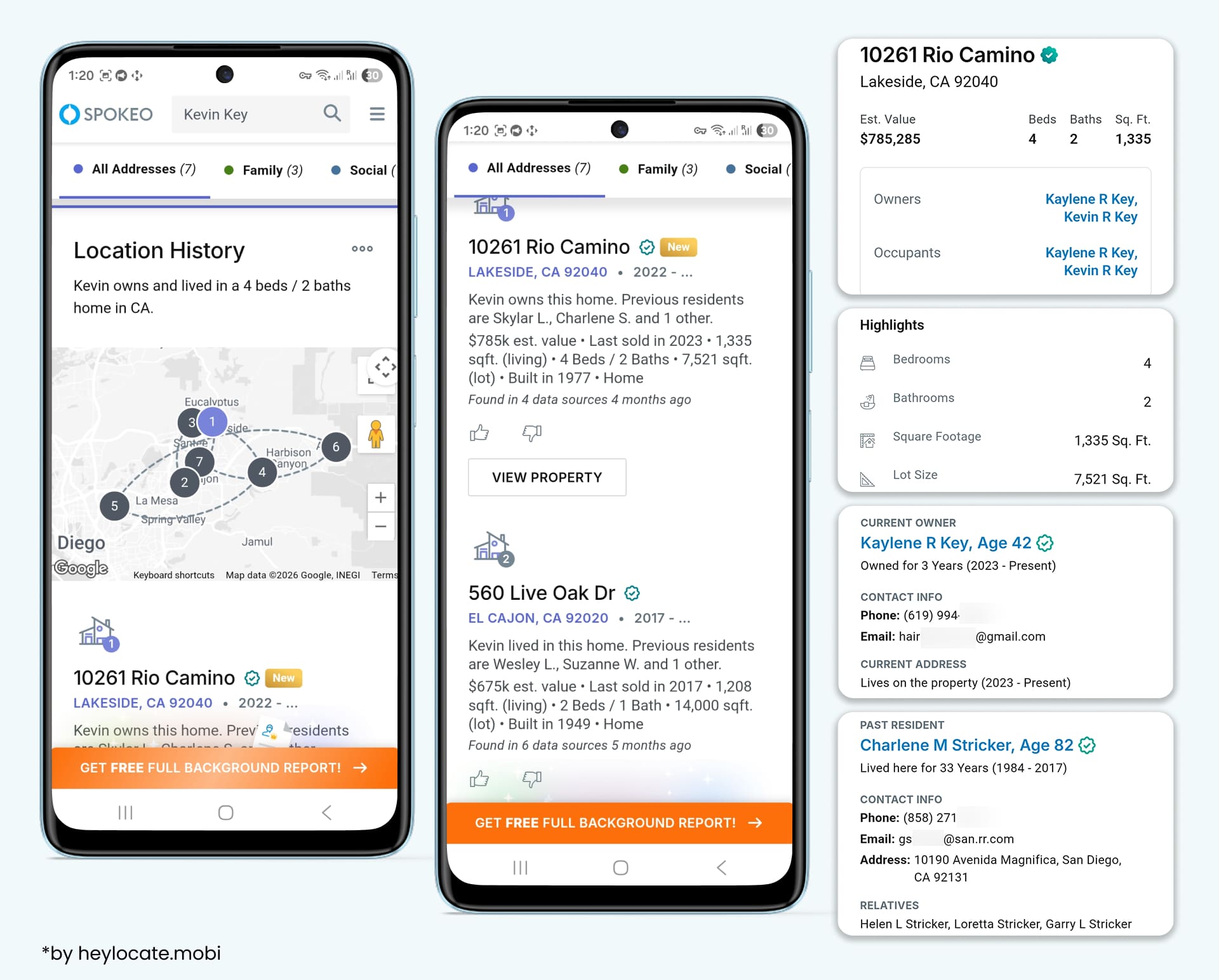 Location history section connects a person to past and current addresses, property details, owners, occupants, and related residents.