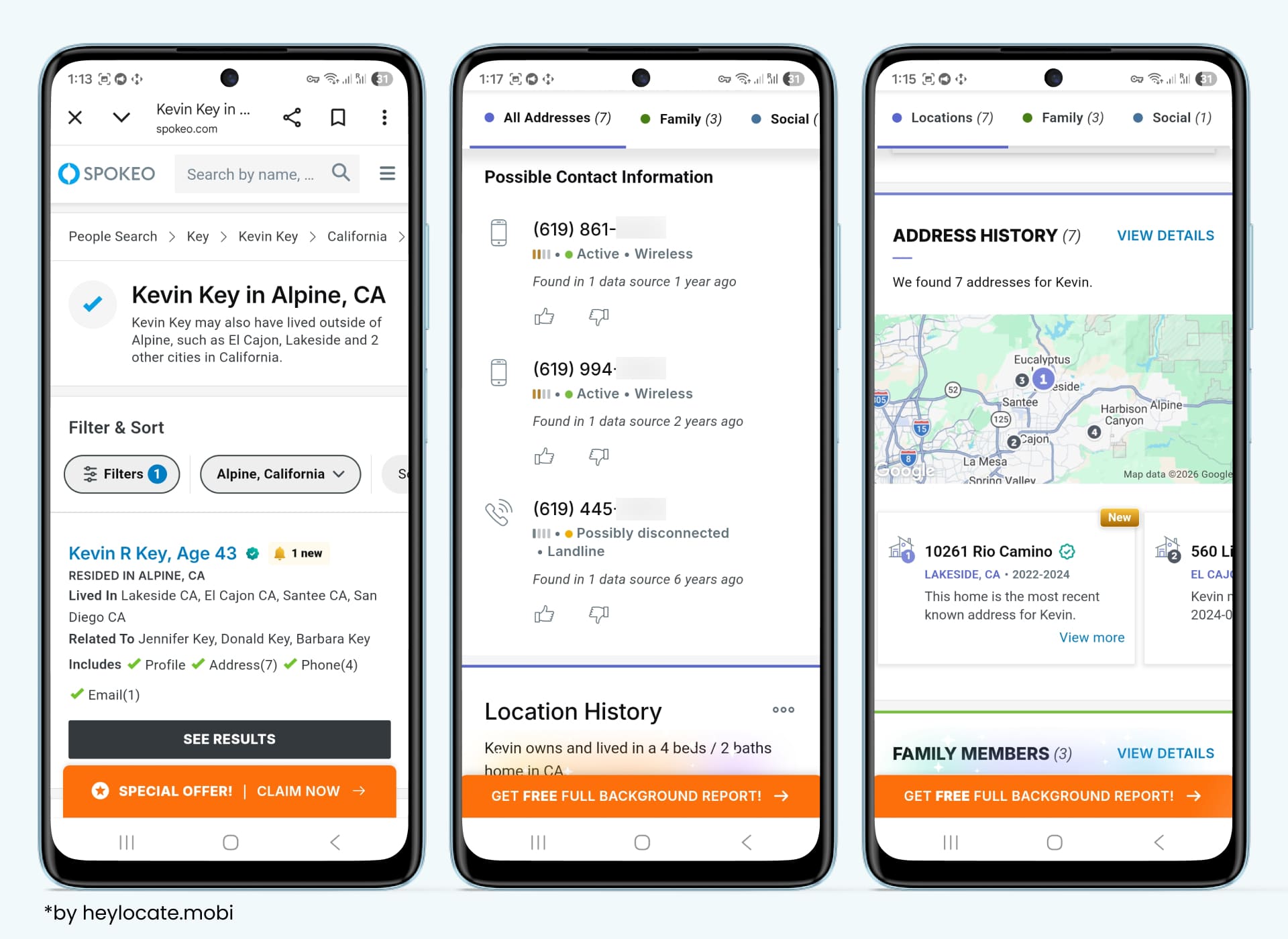 People report preview shows possible contact details, address history, family members.
