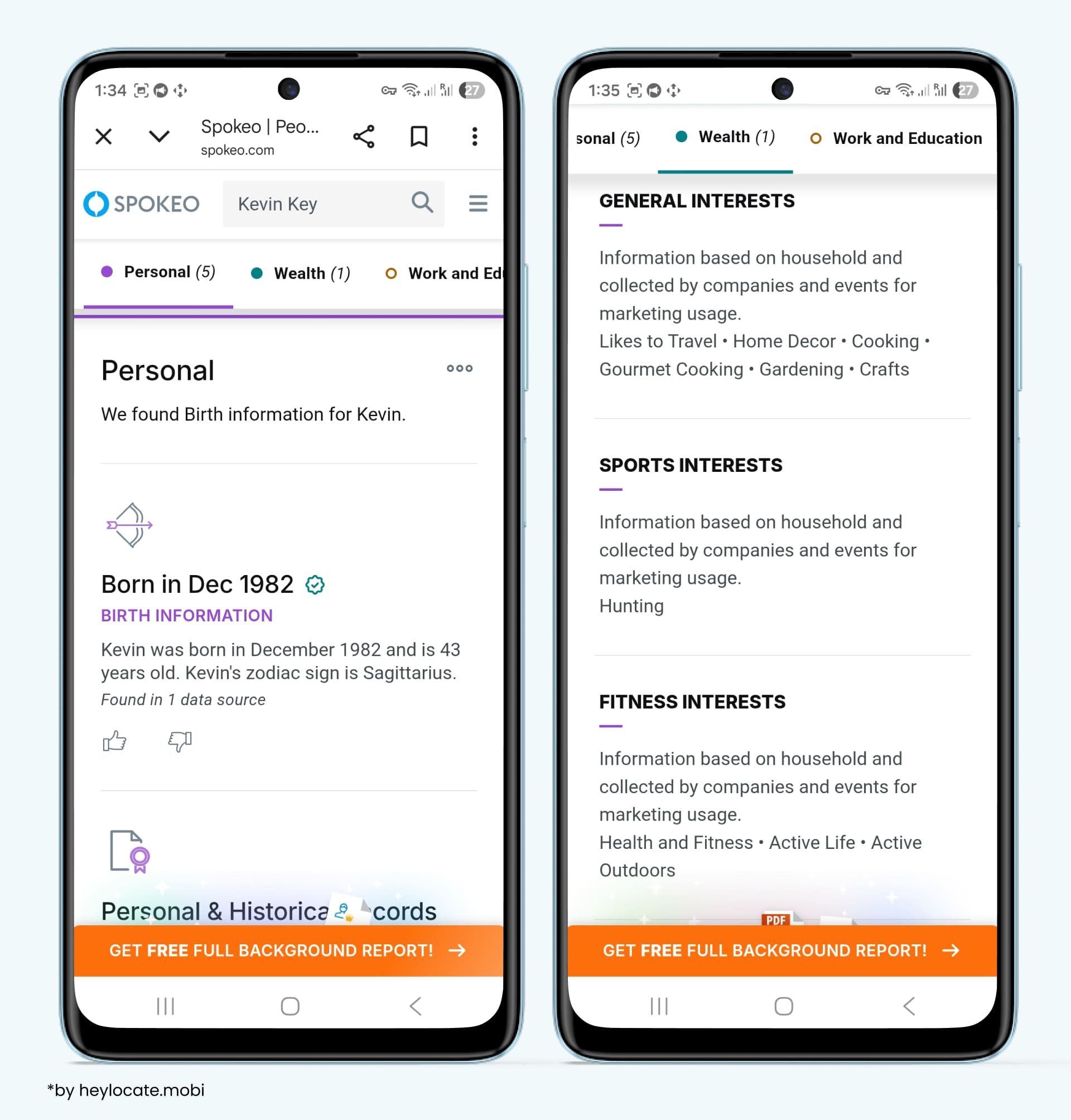 Personal section shows birth information and marketing-based interest categories, indicating that reports may include demographic and lifestyle data.