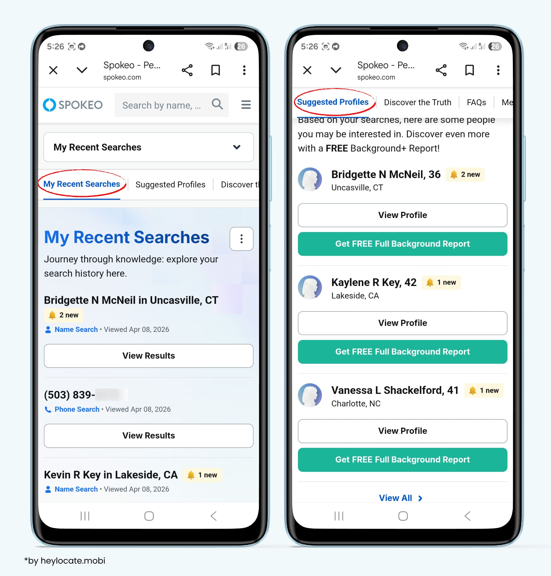 Spokeo stores recent searches and suggests additional profiles.