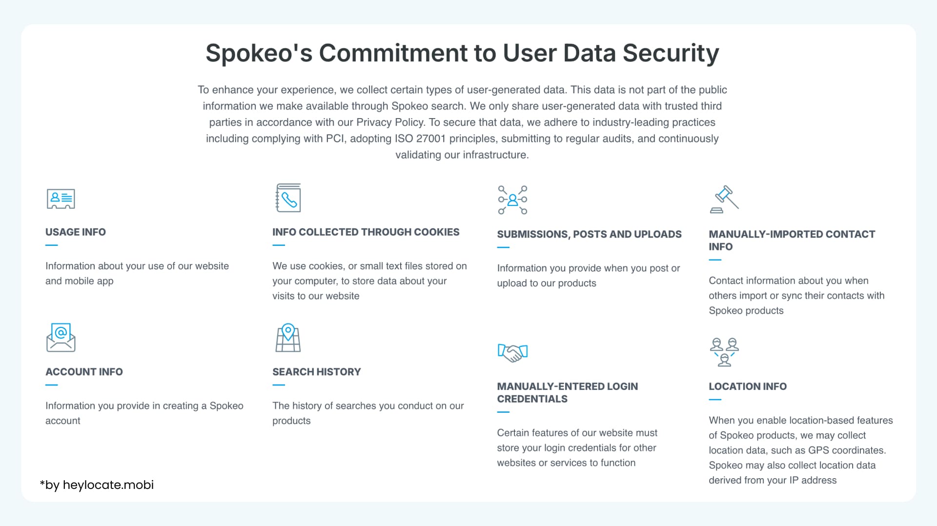 Spokeo explains which user-generated data it collects and how it says it secures that data under its privacy and compliance practices.