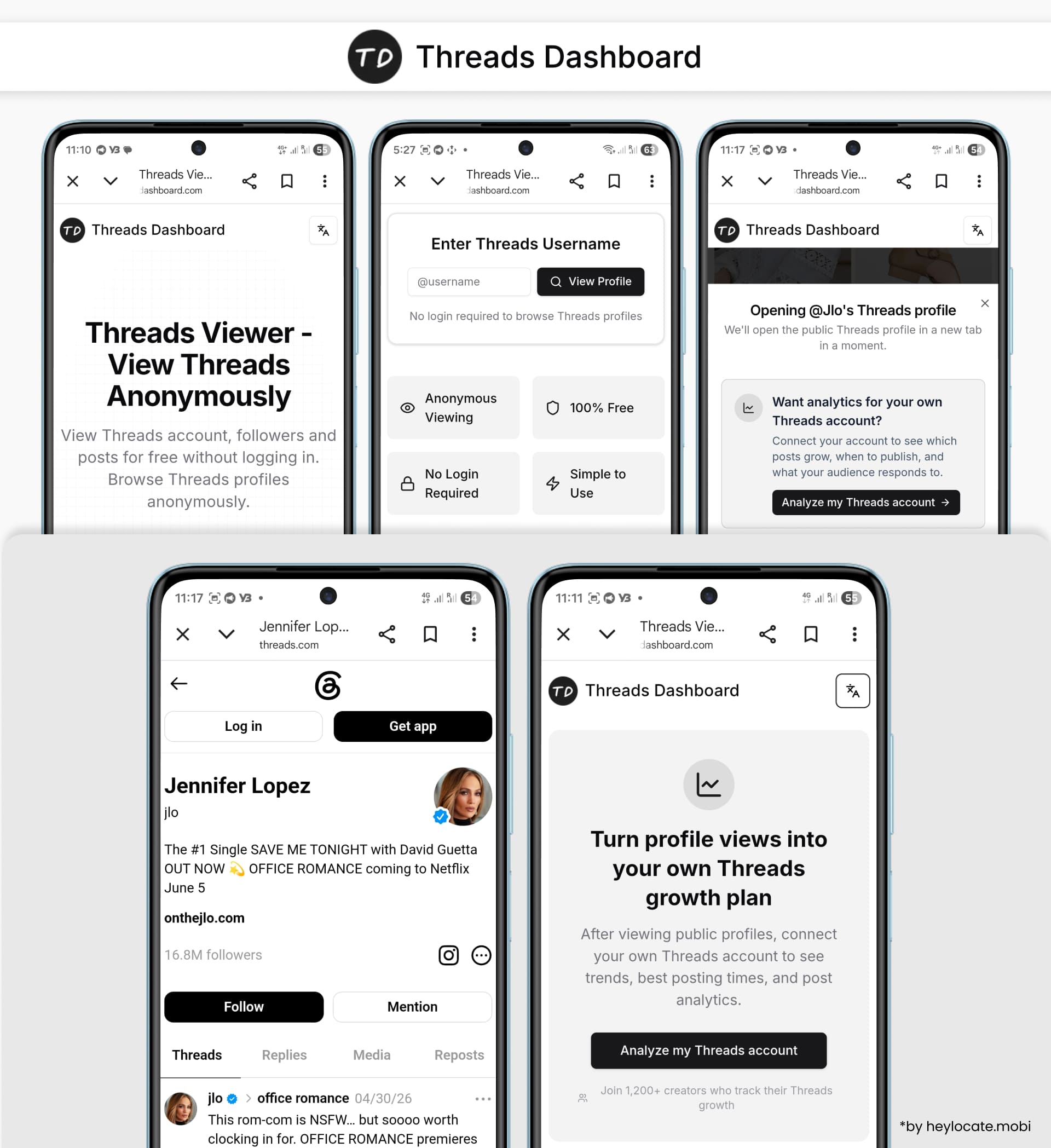 Threads Dashboard lets users enter a Threads username, open a public profile, and prompts them to connect their own account for analytics.