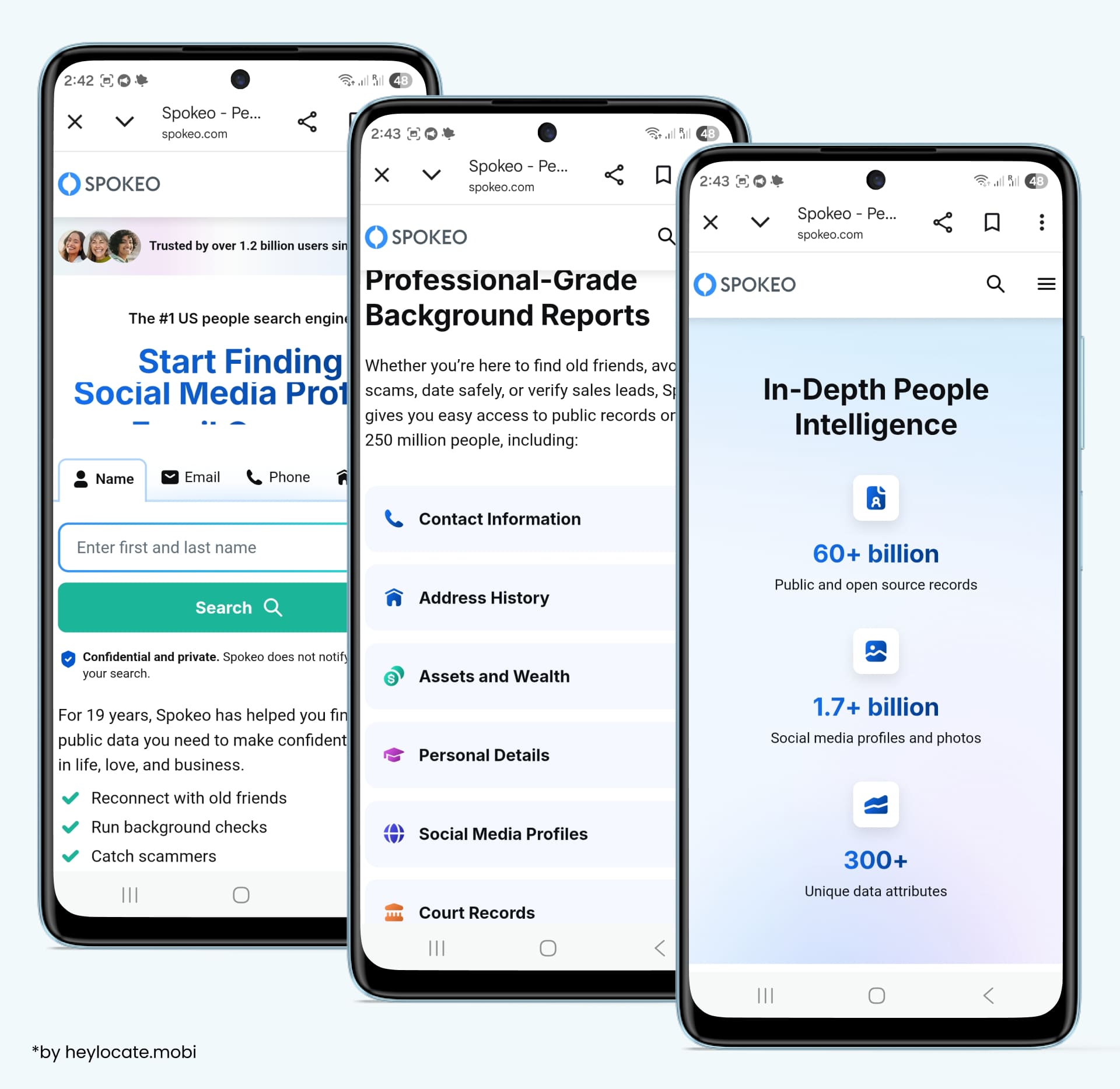 Spokeo presents people search options, background report categories, and data volume claims to show what users can find in lookup reports.